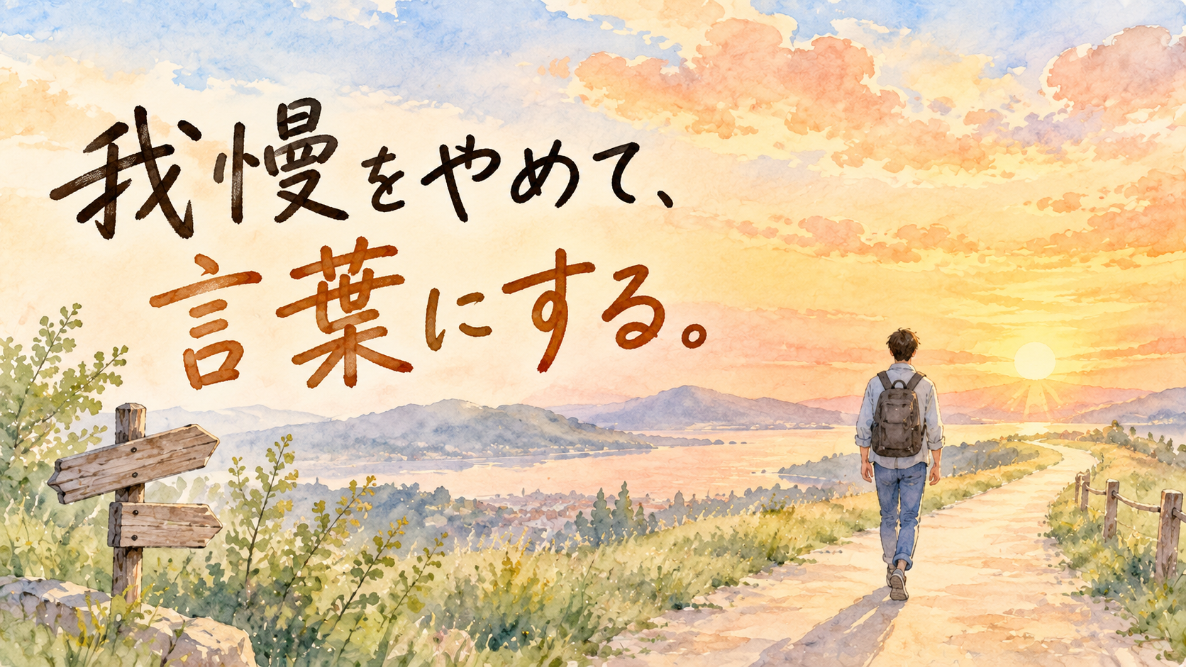 我慢をやめて、言葉にする。道を歩いていく後ろ姿の男性と朝焼け